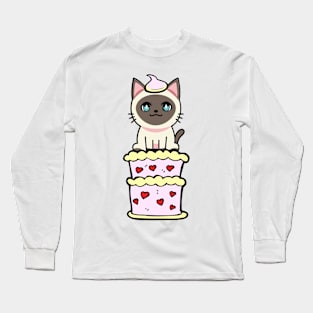 Funny siamese cat jumping out of a cake Long Sleeve T-Shirt